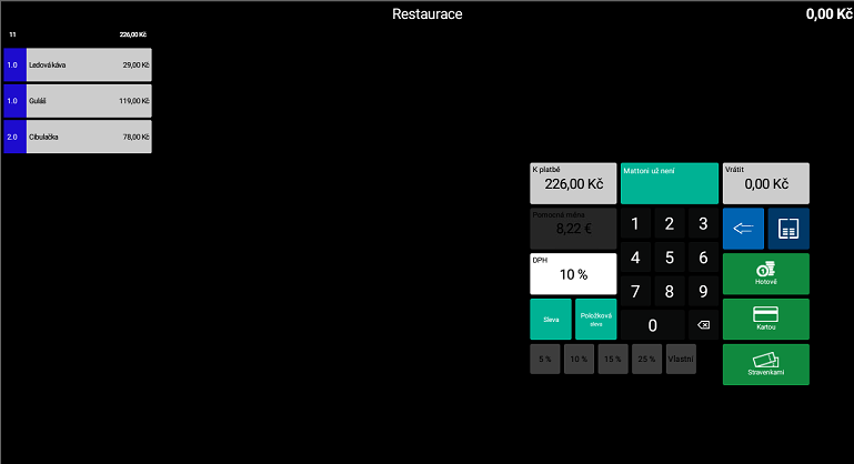 Snímek obrazovky z aplikace POS PEXESO s ukázkou zaplacení účtu