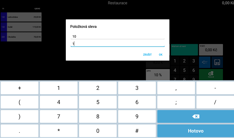 Snímek obrazovky z aplikace POS PEXESO s ukázkou přidaní položkové slevy