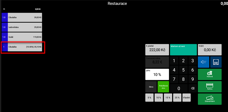 Snímek obrazovky z aplikace POS PEXESO s ukázkou zobrazení položkové slevy