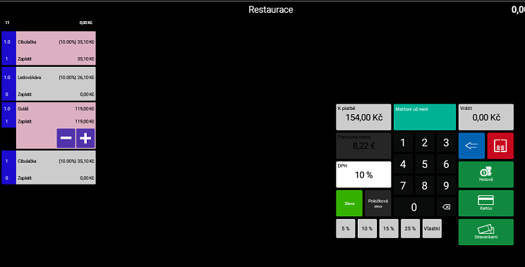 Snímek obrazovky z aplikace POS PEXESO s ukázkou rozdělení platby