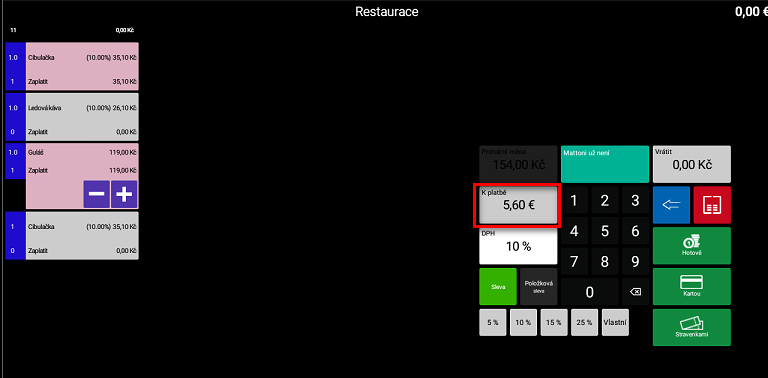 Snímek obrazovky z aplikace POS PEXESO s ukázkou platby cizí měnou