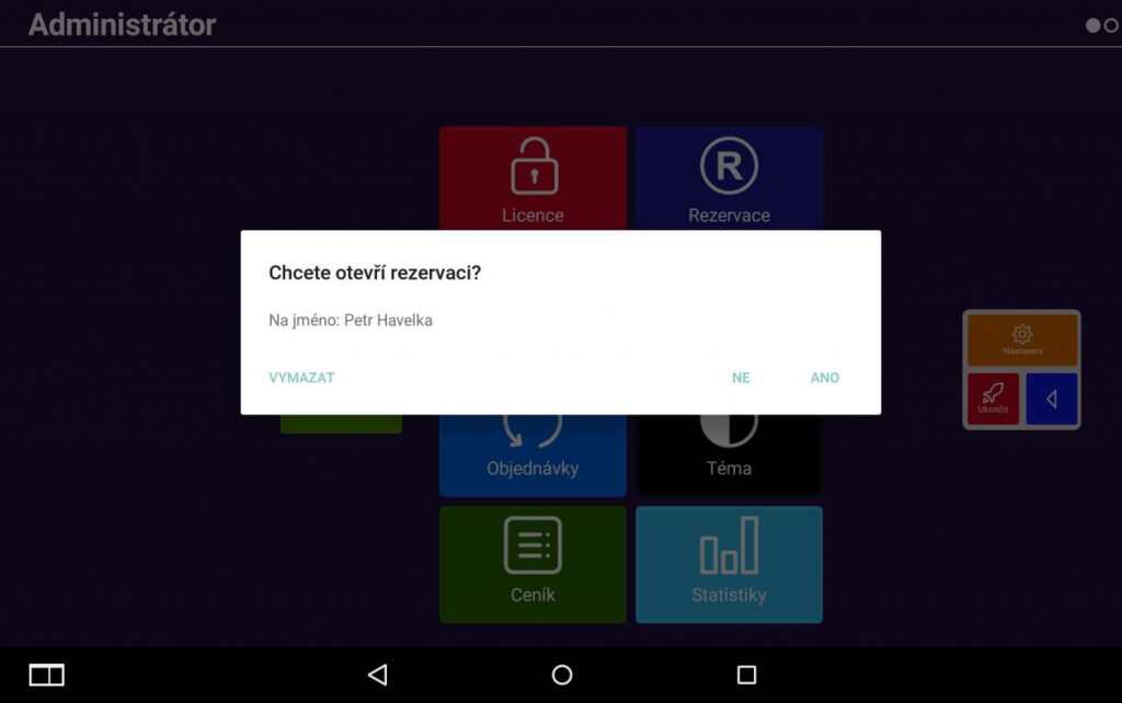 Snímek obrazovky z aplikace POS PEXESO s ukázkou otevření rezervace