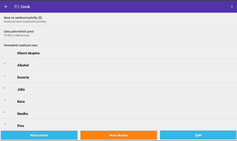 Snímek obrazovky z aplikace POS PEXESO s ukázkou editace ceníkových skupin