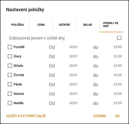 Snímek obrazovky z aplikace POS PEXESO s ukázkou nastavení dne a času zobrazení ceníkové položky