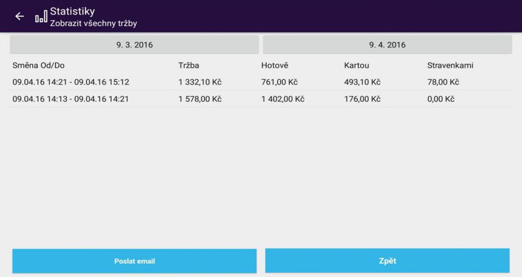 Snímek obrazovky z aplikace PEXESO s ukázkou zobrazení všech tržeb