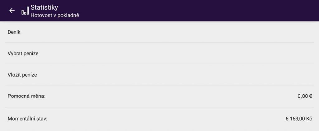 Snímek obrazovky z aplikace PEXESO s ukázkou hotovosti v pokladně