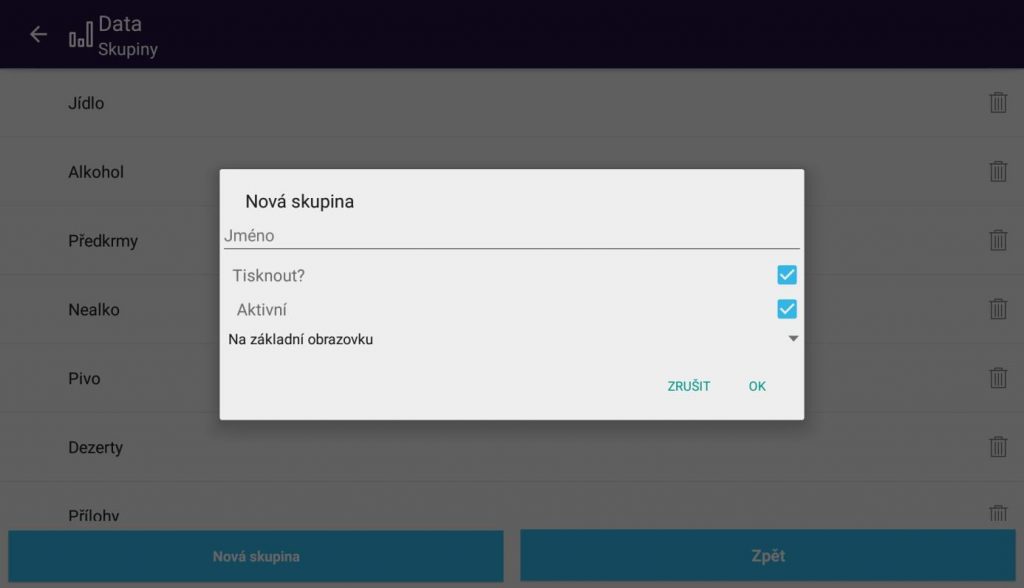 Snímek obrazovky z aplikace POS PEXESO s ukázkou přidání nové skupiny