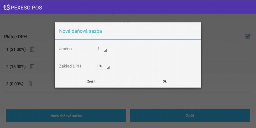 Snímek obrazovky z aplikace POS PEXESO s ukázkou přidání daňové sazby