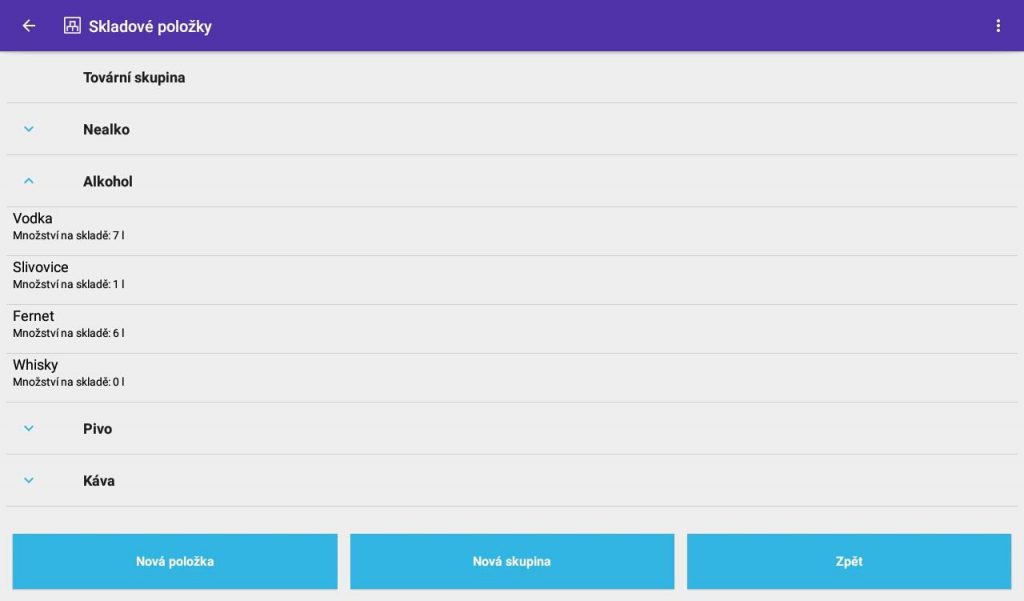 Snímek obrazovky z aplikace PEXESO s ukázkou výpisu skladových položek