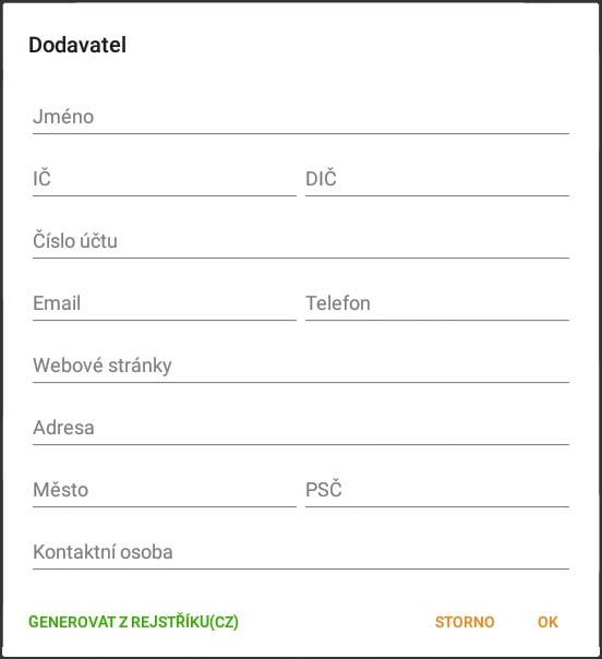 Snímek obrazovky z aplikace PEXESO s ukázkou formuláře pro přidání dodavatele