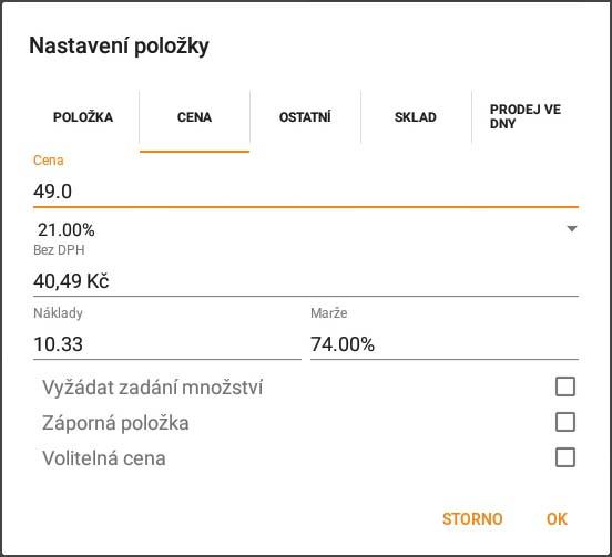 Snímek obrazovky z aplikace PEXESO s ukázkou nastavení přepočtu marže