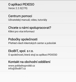 Snímek obrazovky z aplikace POS PEXESO s ukázkou stránky „O aplikaci PEXESO“
