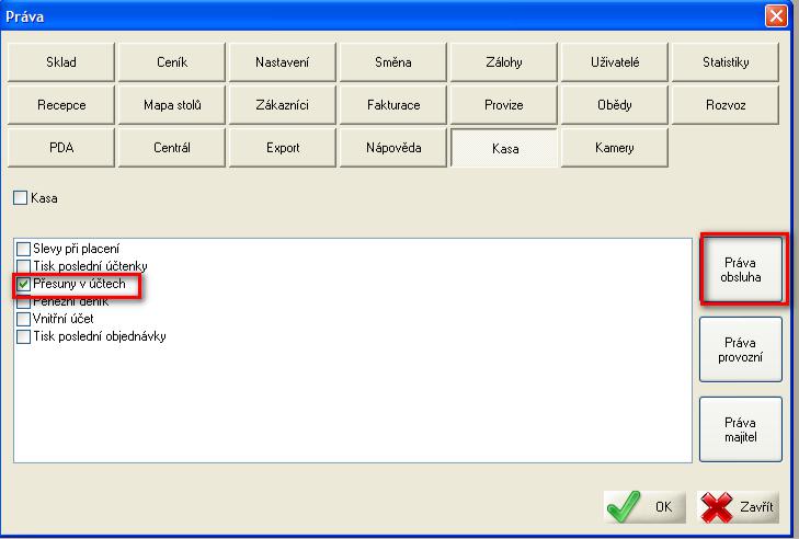 Zobrazení přístupu oprávnění s právy „kasa“ v pokladním systému AWIS