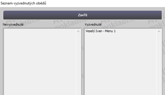 Seznam vyzvednutých obědů v pokladním systému AWIS