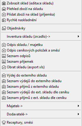 Nabídkové menu Sklad pokladního systému AWIS