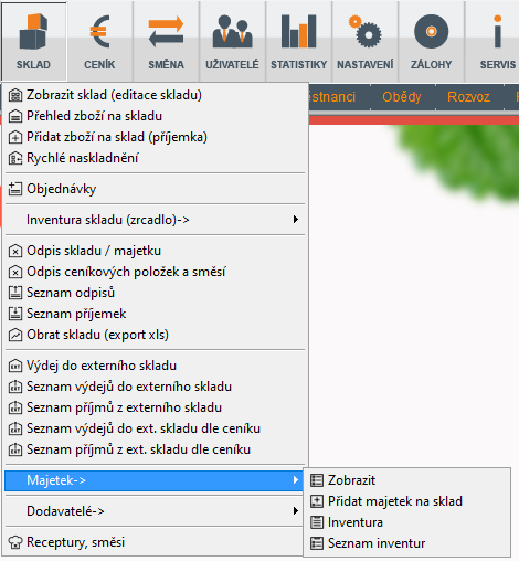 Menu Majetek pokladního systému AWIS