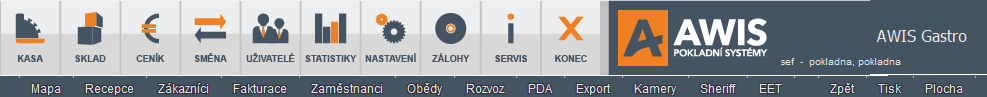 Pohled na hlavní menu Pokladního systému AWIS - manažerská část