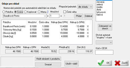 Detail položky v Ceníku se zobrazením vazby na skladovou evidenci v pokladním systému AWIS