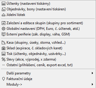 Pohled na nabídku nastavení v pokladním systému AWIS