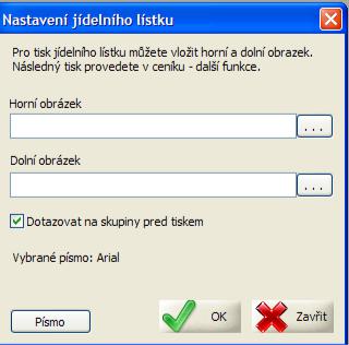 Parametry nastavení pro Jídelní lístek v pokladním systému AWIS