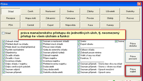 Nastavení práv pro uživatele s přístupem „majitel“ v pokladním systému AWIS