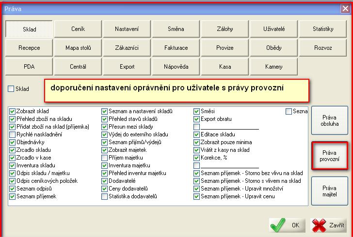 Nastavení práv pro uživatele s přístupem „provozní“ v pokladním systému AWIS